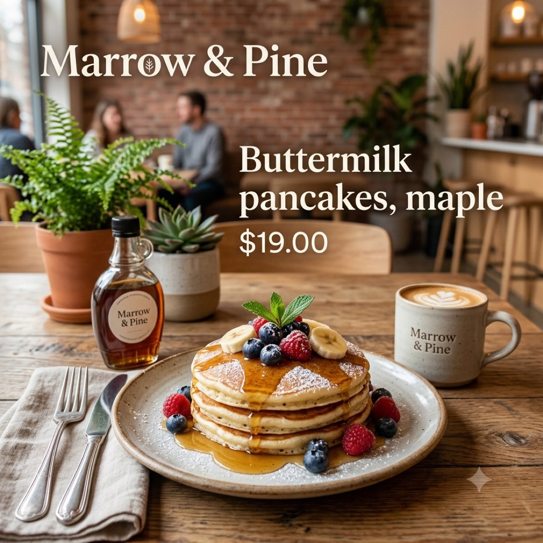 AI generated promotional social post for a cafe featuring pancakes and a price