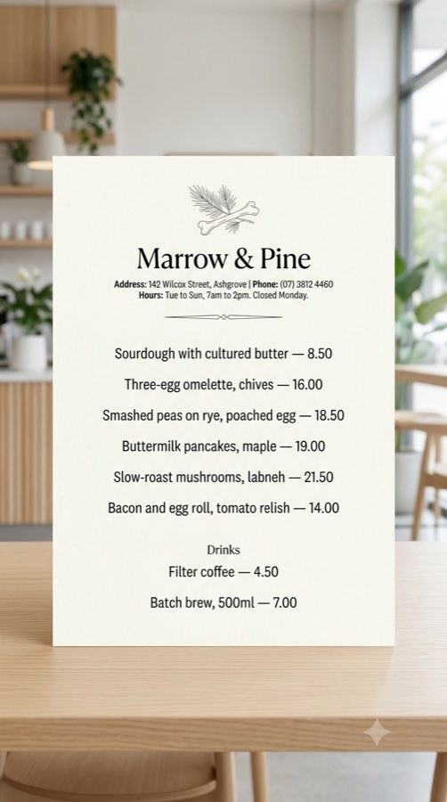 AI generated cafe menu showing eight items with prices