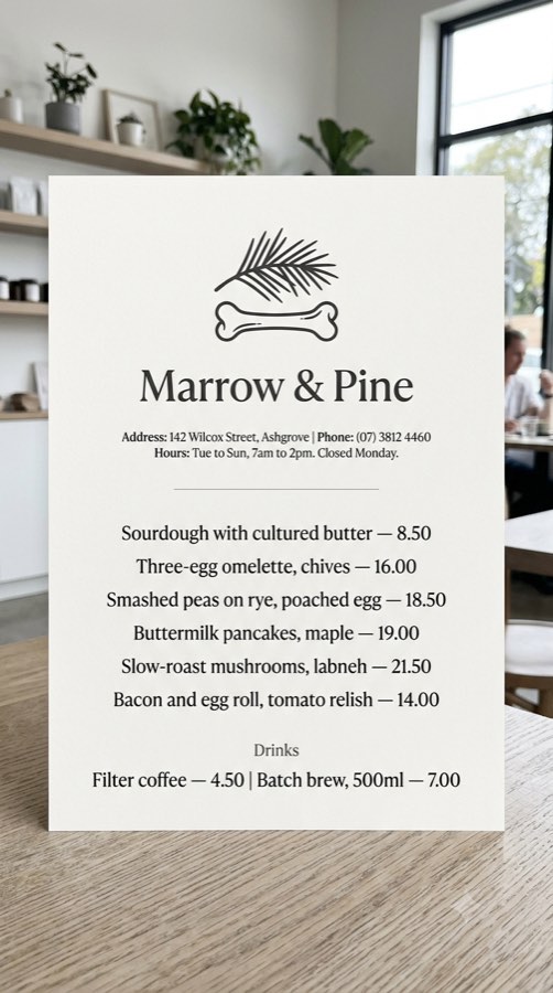 Second generated menu, logo is a frond sitting above a horizontal bone