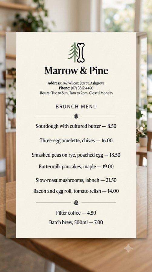 Third generated menu, logo is a green pine tree beside a bone, with added ornaments