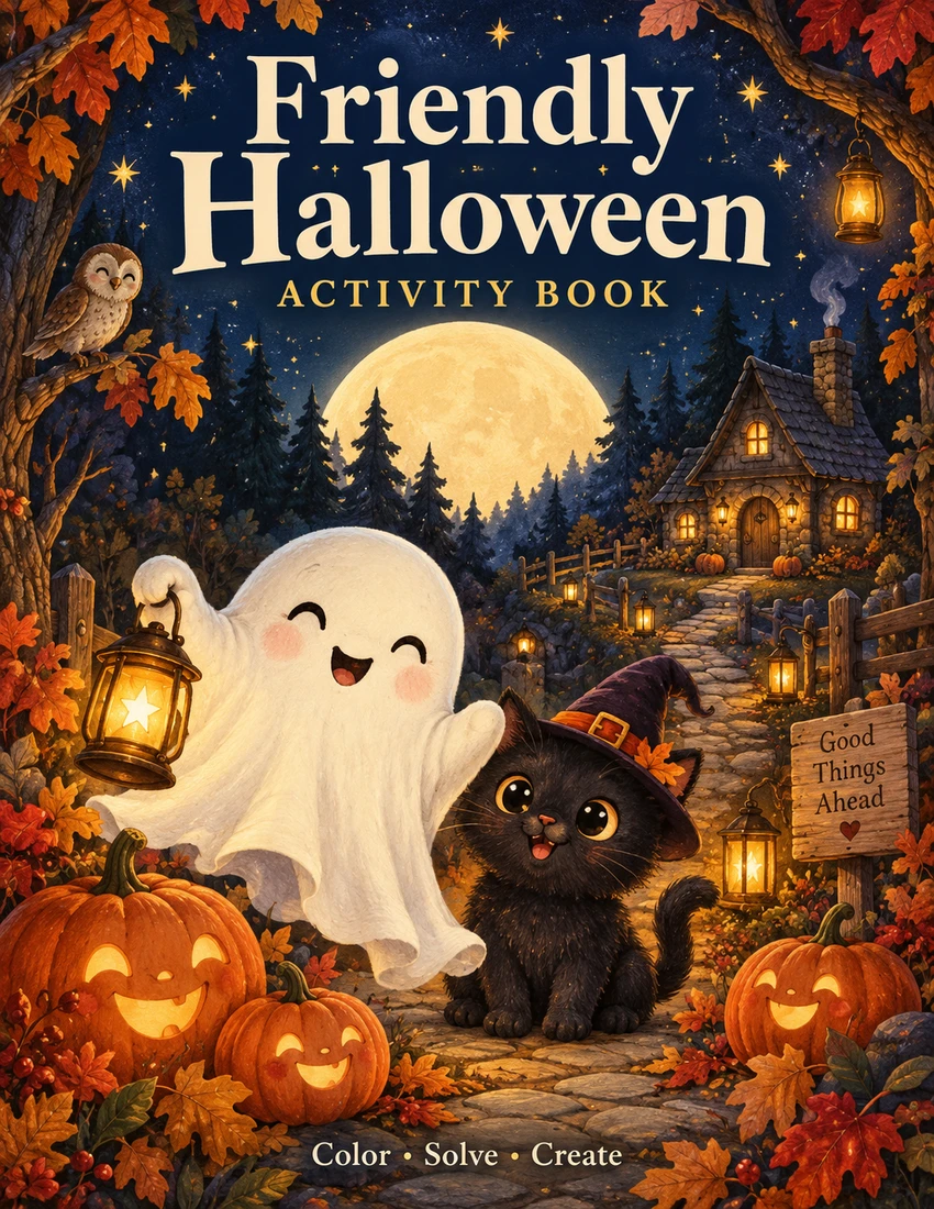 An illustrated Halloween activity-book cover