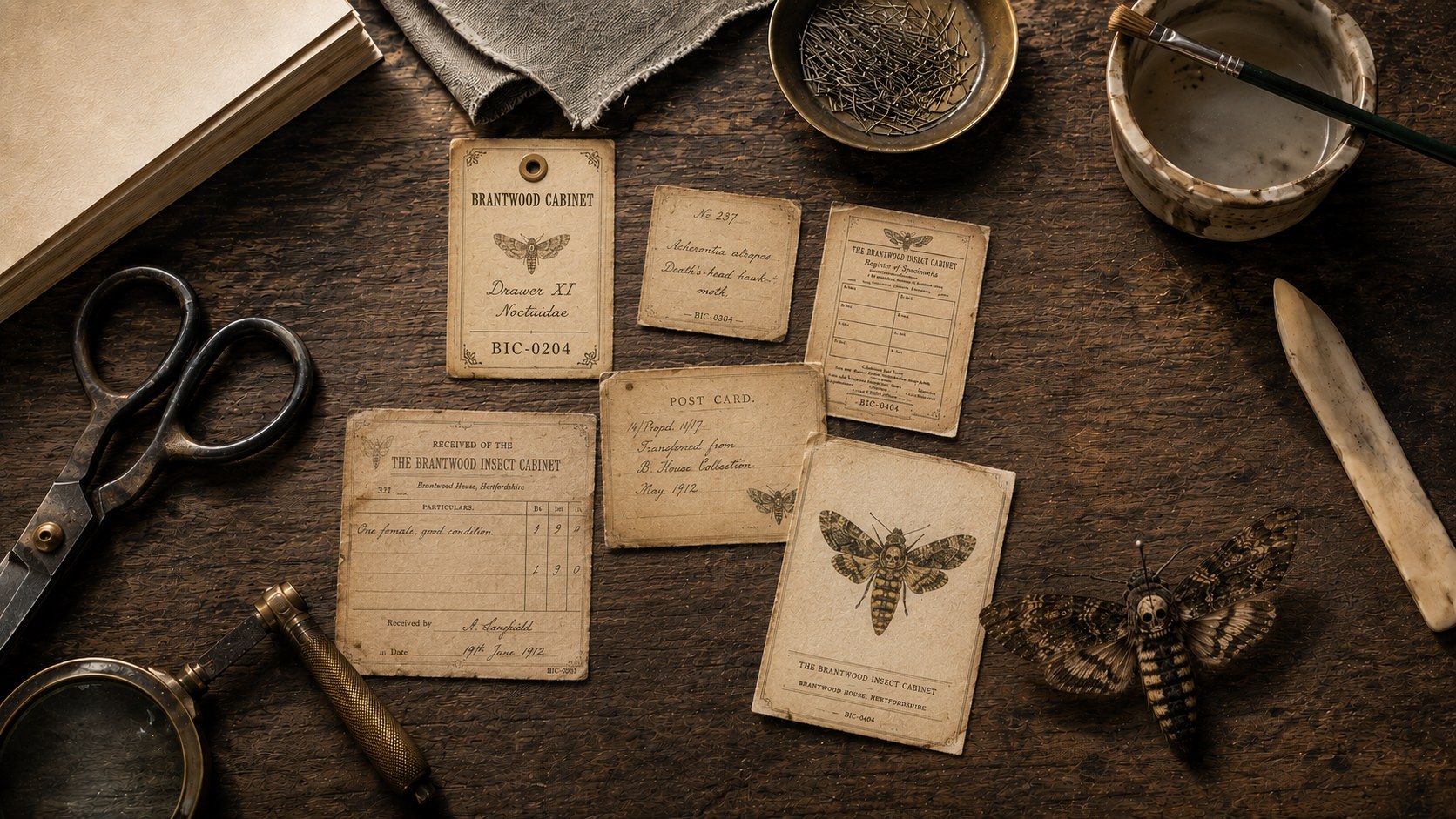 A spread of aged paper ephemera — tags, labels, tickets and ledger pages — arranged on a desk