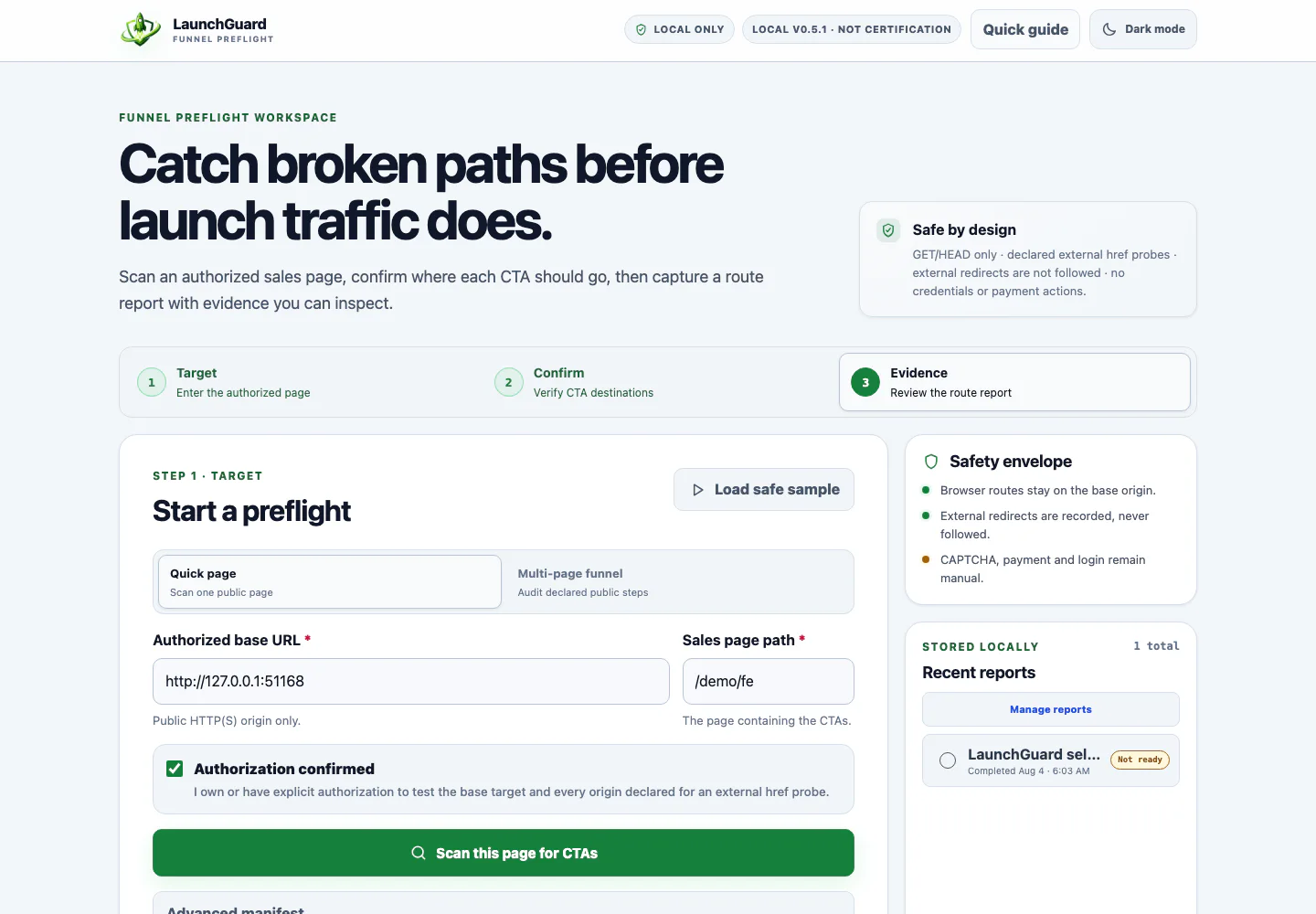 The LaunchGuard funnel-checking workspace shown on its sale page