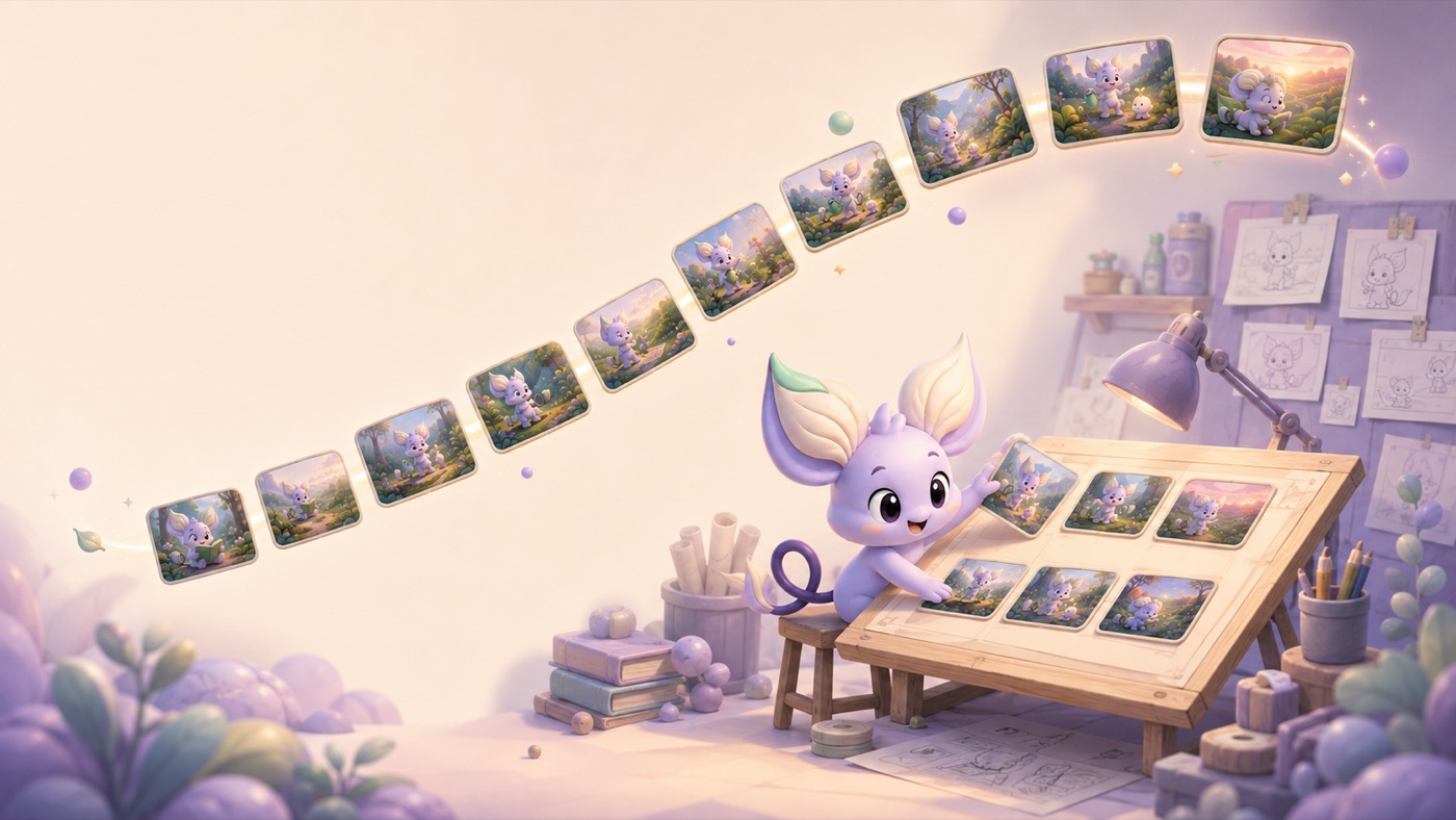 A character at a drawing table, twelve story scenes arcing overhead, finished line-art pages pinned on the wall behind
