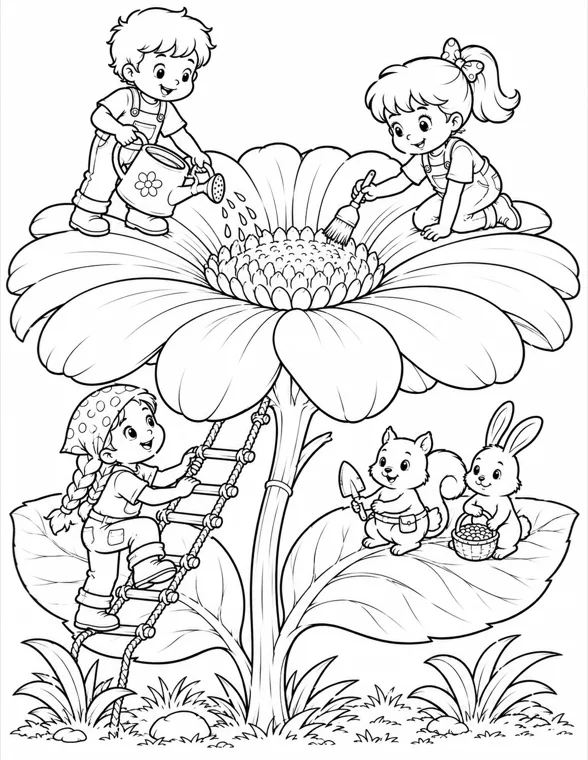 A coloring-book page: children watering and painting a giant flower while a squirrel and rabbit help below