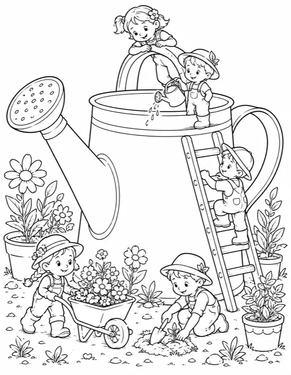 A coloring-book page from a twelve-scene story
