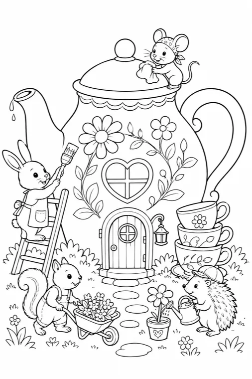 A coloring-book page from a twelve-scene story