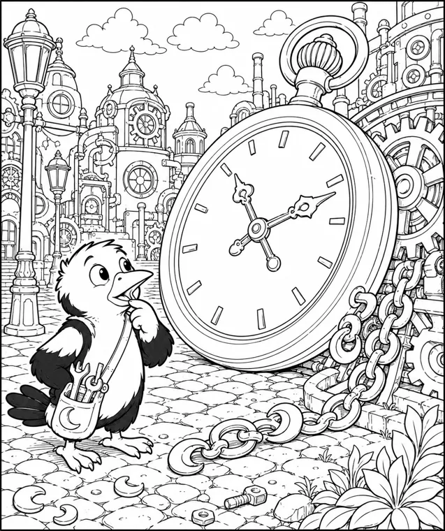 A coloring-book page from a twelve-scene story